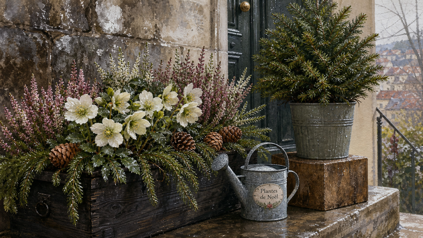 Plante de noel exterieur en jardinière : bruyère d’hiver et hellébores