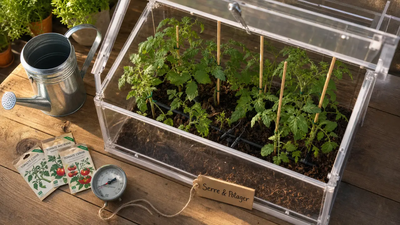 Potager serre : plants de tomates sous serre miniature