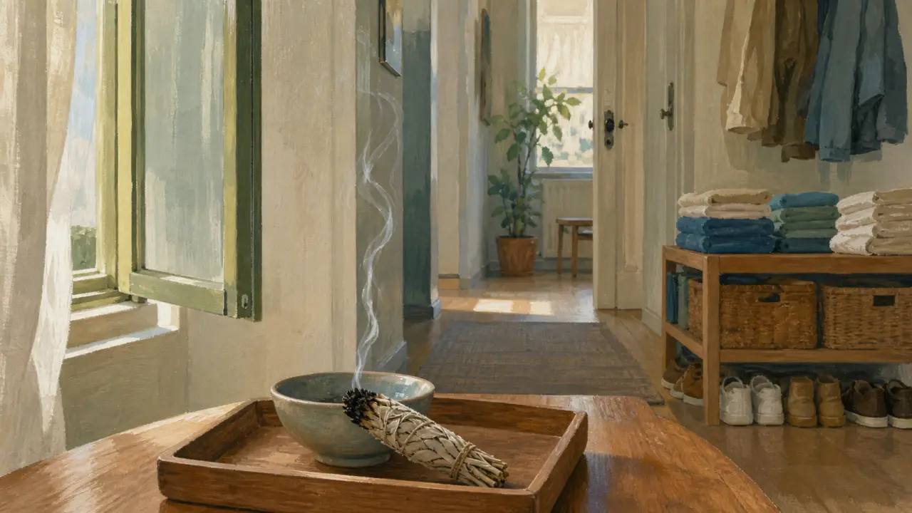 Purification maison : bol de cendre et sauge fumigée, intérieur apaisé
