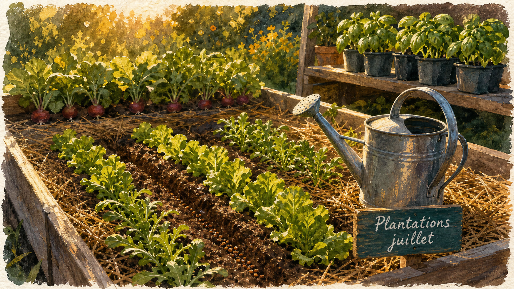 Que peut on planter dans le jardin en ce moment en juillet : légumes, fleurs et aromatiques (laitue, roquette, basilic).
