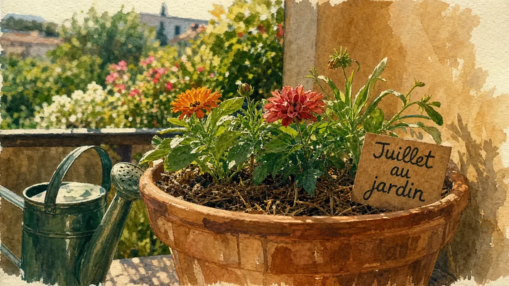 Que planter en juillet août fleurs : jeunes plants de dahlia, zinnia et souci au balcon