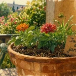 Que planter en juillet août fleurs : jeunes plants de dahlia, zinnia et souci au balcon