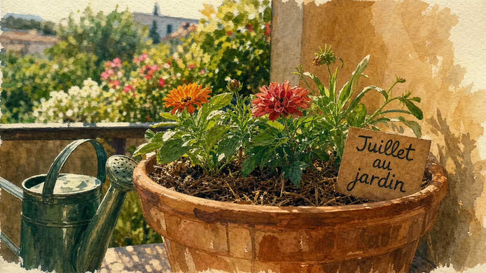 Que planter en juillet août fleurs : jeunes plants de dahlia, zinnia et souci au balcon
