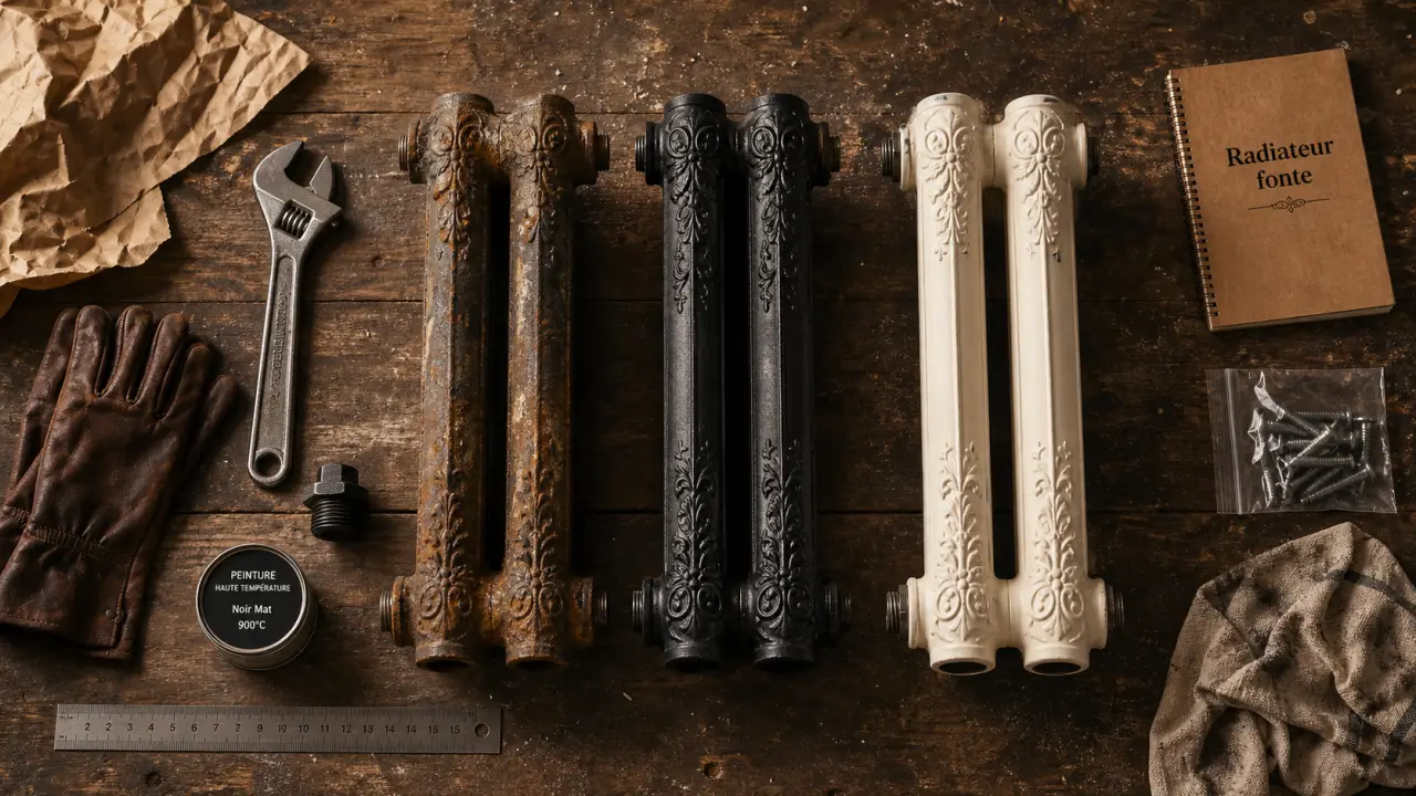 Radiateur ancien en fonte : trois modèles (ancien, rénové, neuf)