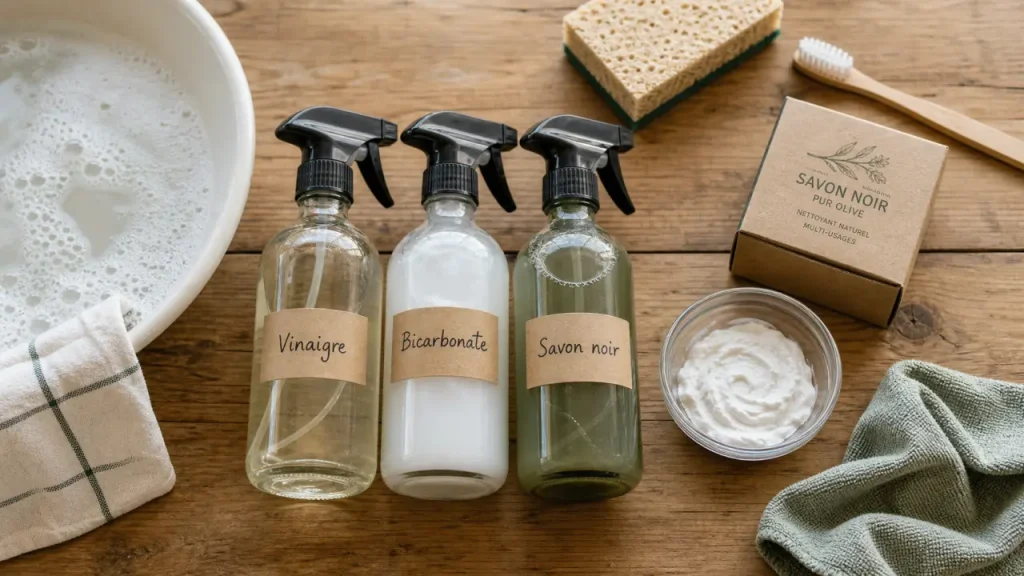 Vinaigre blanc, bicarbonate, savon noir, savon de Marseille : le bon usage de chaque produit d’entretien maison