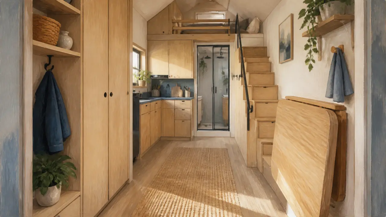 Aménagement tiny house : table escamotable et rangement, intérieur cosy