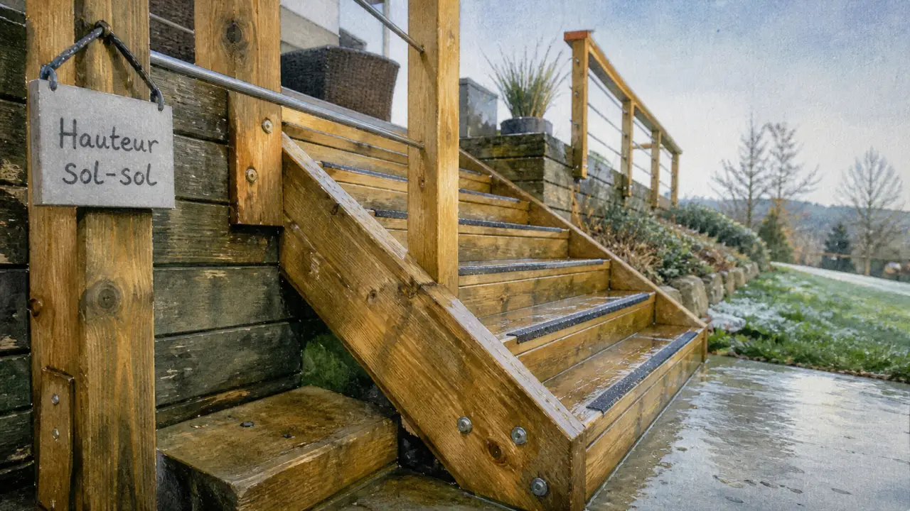 Bois escalier exterieur extérieur, hauteur sol-sol, marches antidérapantes