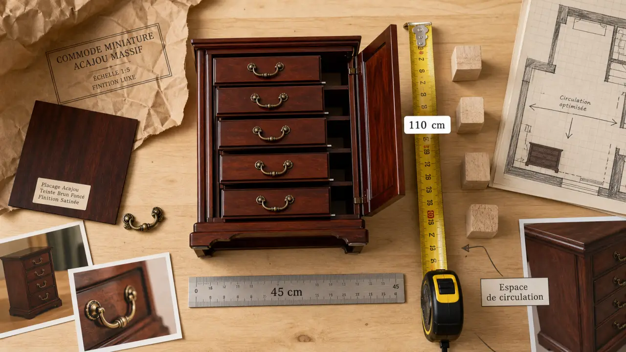 Commode acajou 5 tiroirs : vue et mesures à vérifier avant achat