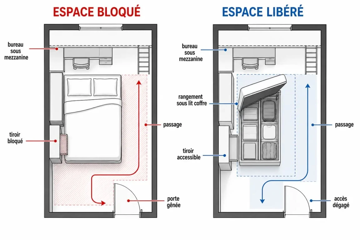 Schéma d'optimisation d'un lit pour petit chambre dans une chambre étroite