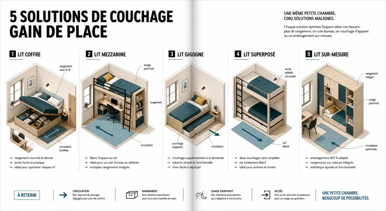 Comparatif lit pour petit chambre avec lit coffre, mezzanine, gigogne et superposé