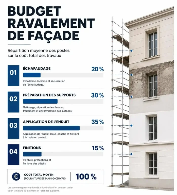Répartition des coûts d'un devis de ravalement de façade par poste de dépense