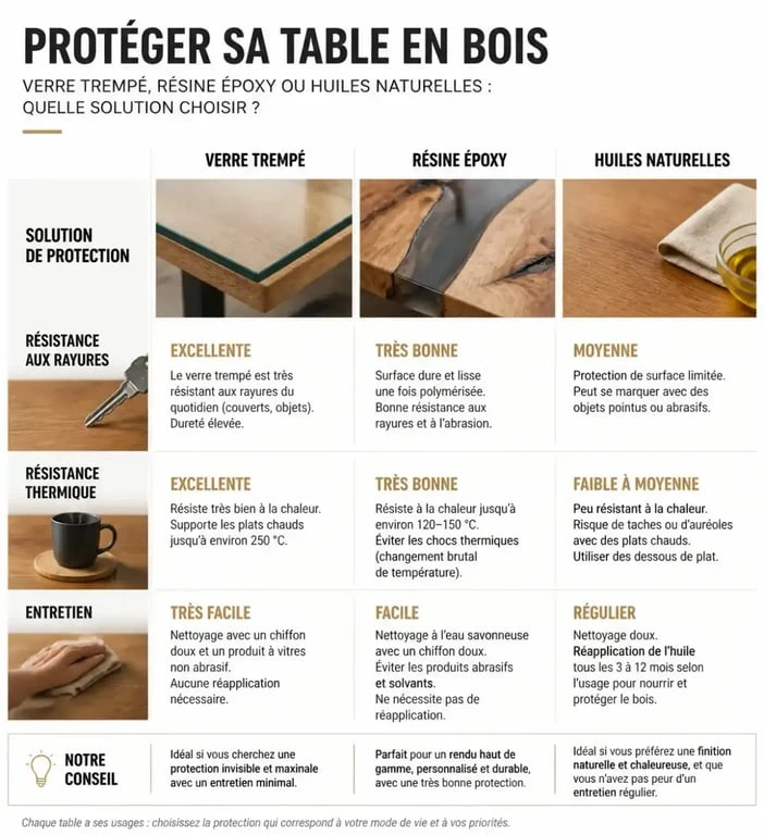 Comparatif des solutions de protection pour table en bois : verre, résine et huiles
