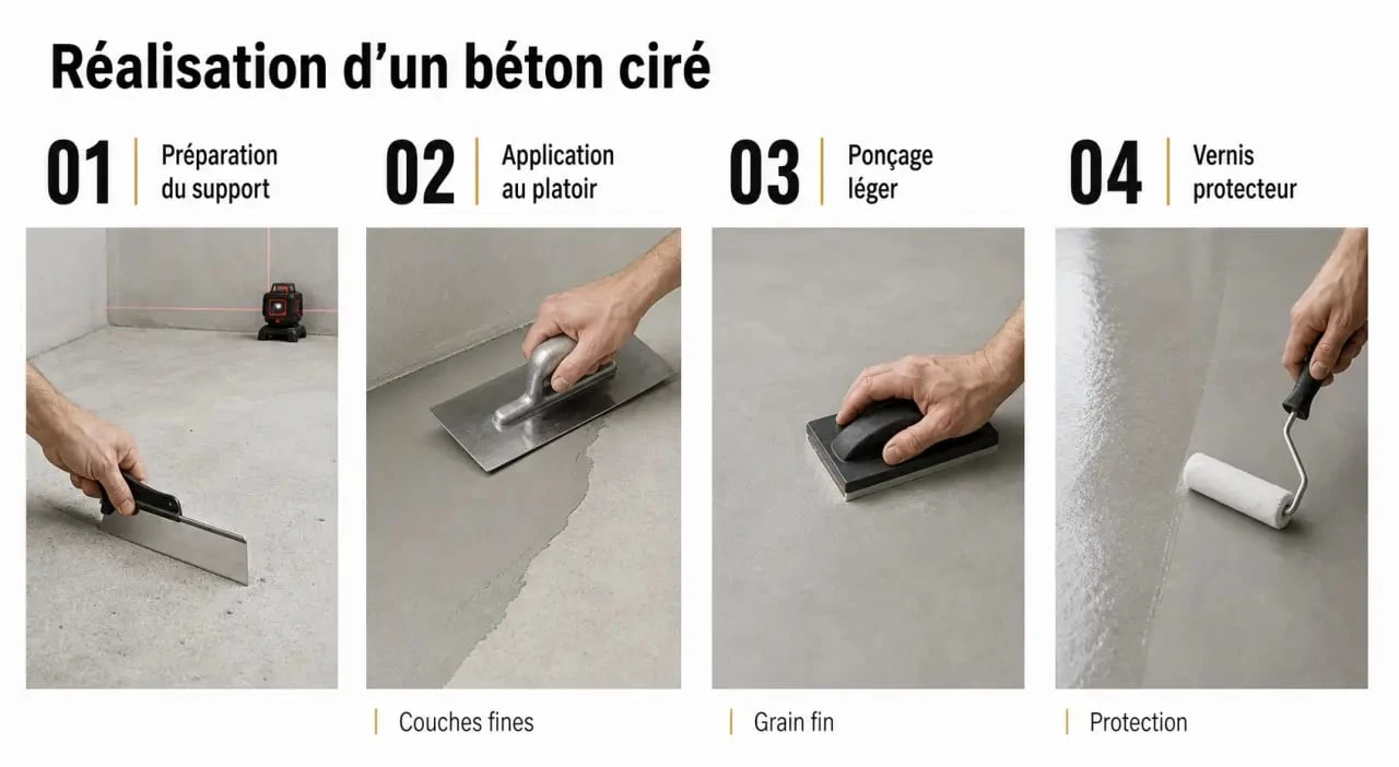 Comment faire béton ciré : illustration des étapes de préparation du support, application en couches fines et protection finale