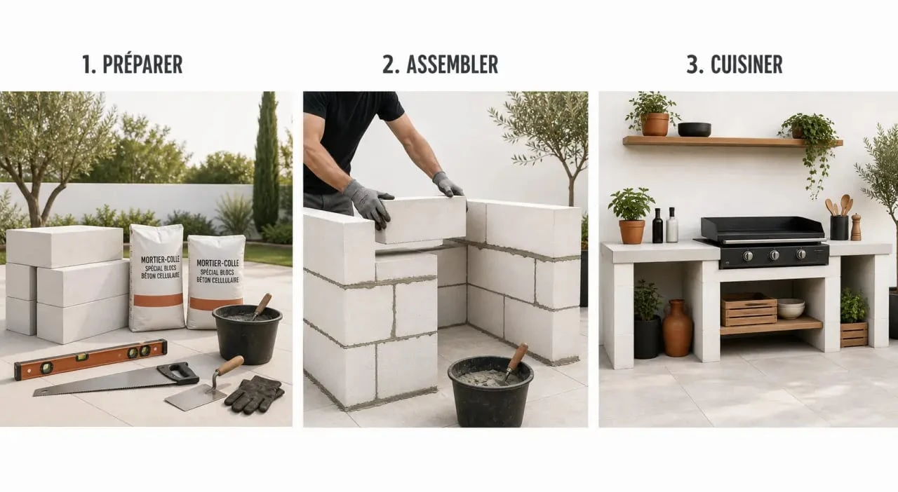 Cuisine d'été à faire soi meme illustrée en trois étapes dans un jardin