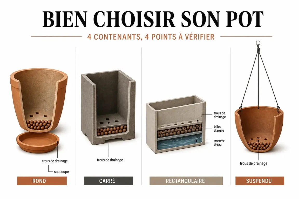 Comparatif visuel d’un pot pour jardiner avec formes, drainage et réserve d’eau