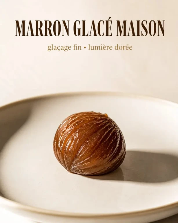 Recettes des marrons glacés maison, marron glacé brillant sur assiette claire