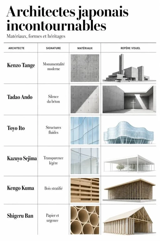 Architecte Japon : tableau comparatif des grands architectes japonais, de leurs styles et de leurs matériaux