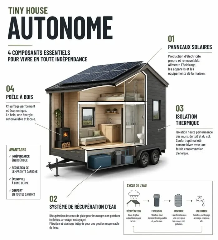 Schéma des composants d'une tiny house autonome pour l'indépendance énergétique