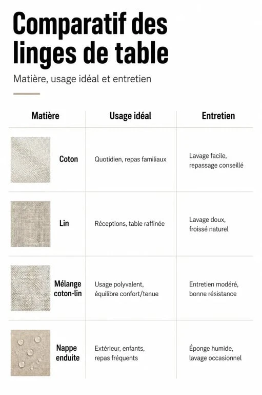 Tableau comparatif des matières pour nappe de table et serviette : coton, lin, coton-lin et nappe enduite