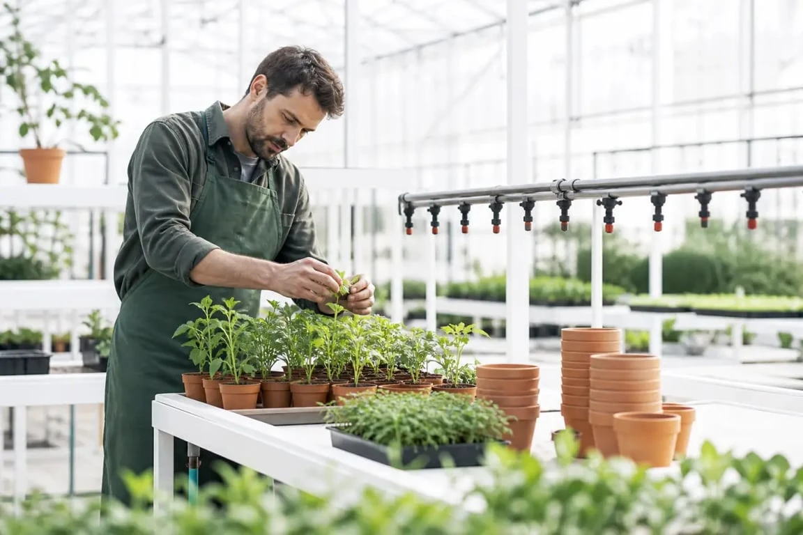 Horticulteur métier en serre préparant des jeunes plants et contrôlant l'arrosage