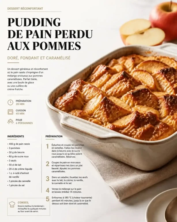 Recette de pudding de pain perdu aux pommes avec du pain rassis