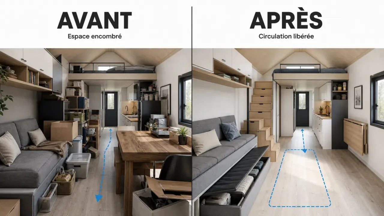 Aménagement tiny house : avant/après d’un intérieur optimisé avec table escamotable et rangements intégrés