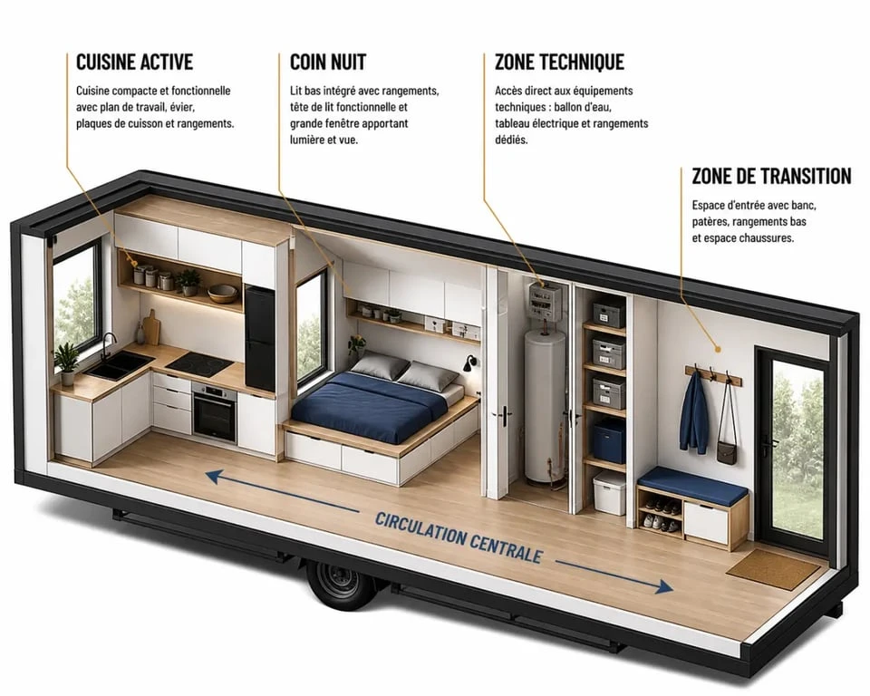 Aménagement tiny house : organisation par zones fonctionnelles et circulation fluide