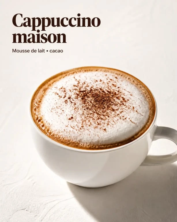 Recette cappuccino maison servie en tasse blanche avec mousse de lait et cacao