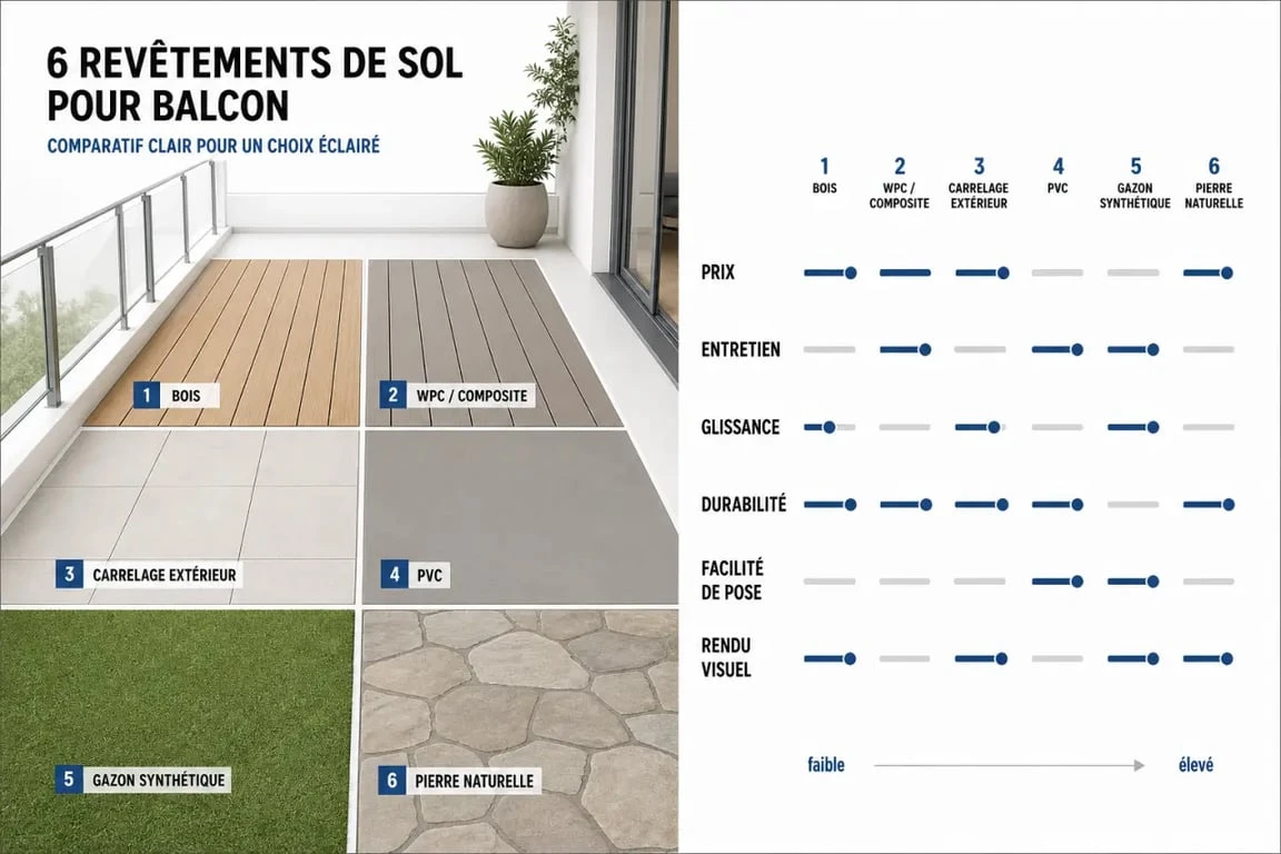 Comparatif de revêtement pour balcon avec échantillons de bois, WPC, carrelage, PVC, gazon synthétique et pierre naturelle