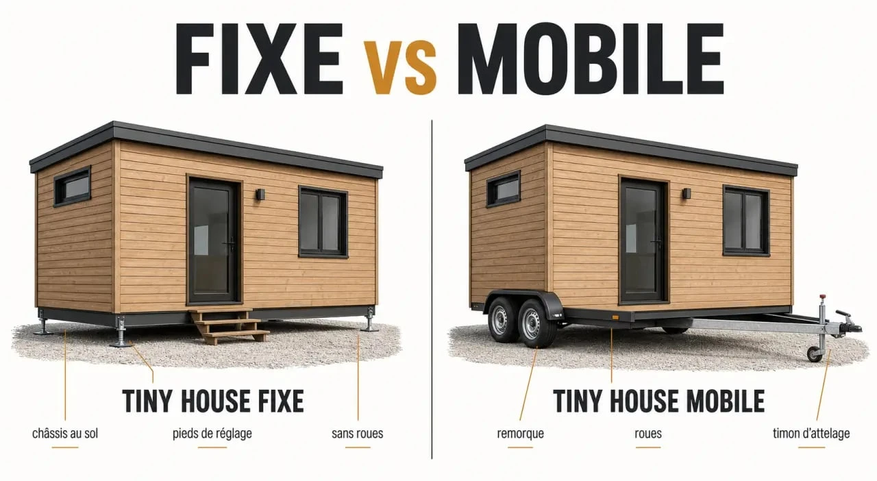 Tiny house fixe comparée à une tiny house mobile dans une illustration éditoriale