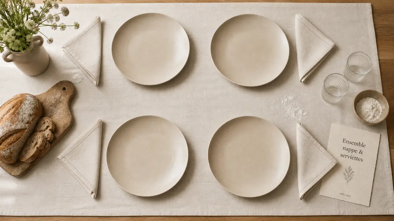 Nappe de table et serviette assorties sur table en bois, coton et lin écru
