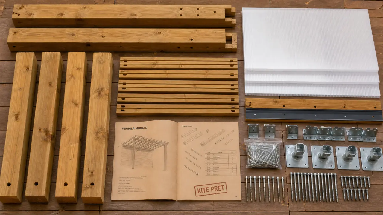 Pergola bois en kit sur terrasse, poutres et quincaillerie