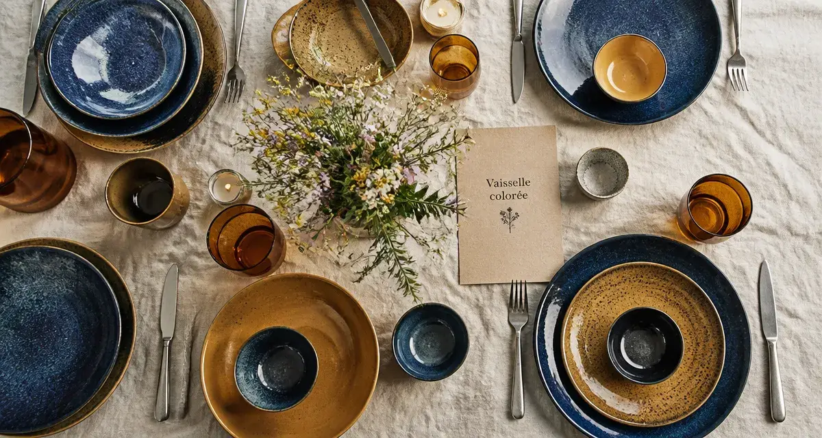 Vaisselle coloré : assiettes en grès émaillé bleu et ocre sur table vivante