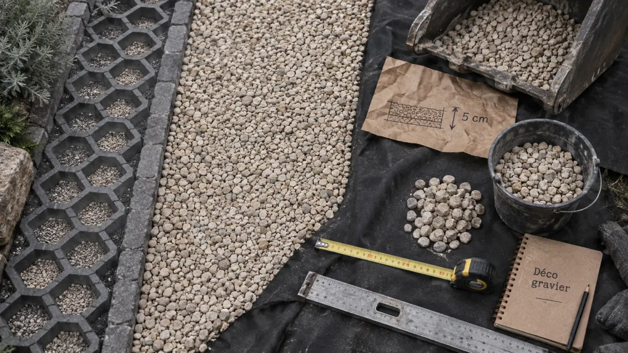 Déco gravier calibre 6/10 pour allée sur géotextile (vue de dessus)