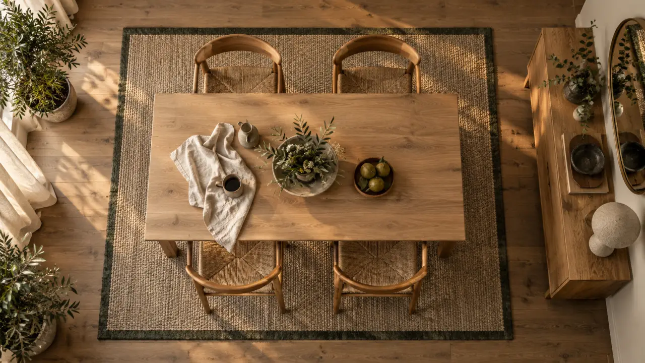 Decoration d une salle a manger : table et 4 chaises, 60 cm autour