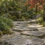 Décoration pour jardin japonais : lanterne tōrō et tsukubai dans un jardin ombragé