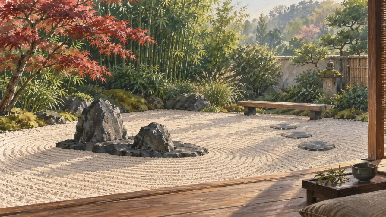 Décoration jardin zen : graviers, rochers et érable japonais au matin