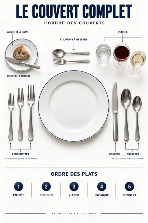 Schéma de disposition couvert table avec fourchettes à gauche, couteau et cuillère à droite