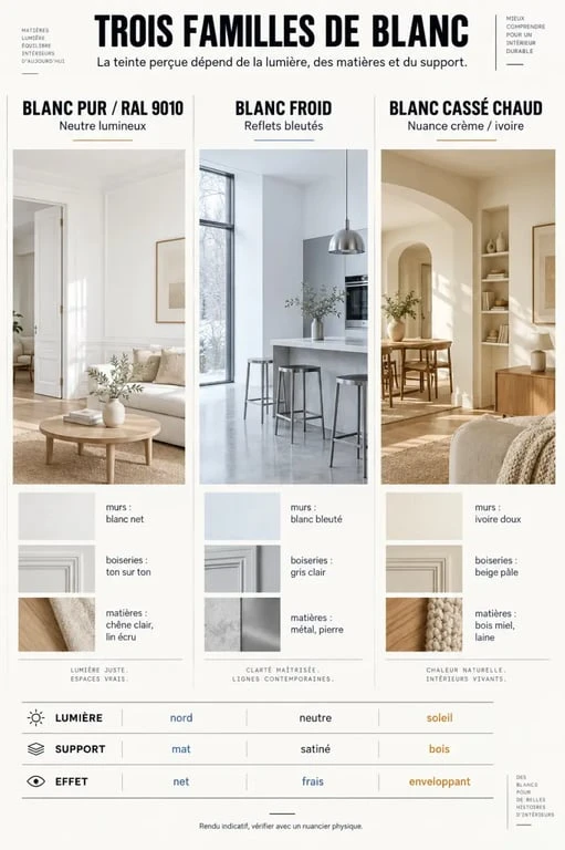 Infographie comparant le blanc pur RAL 9010, le blanc froid et le blanc cassé en décoration