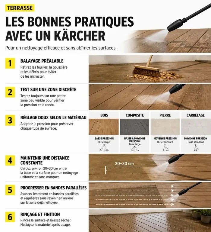 Kärcher pour nettoyer une terrasse : étapes et réglages selon le revêtement