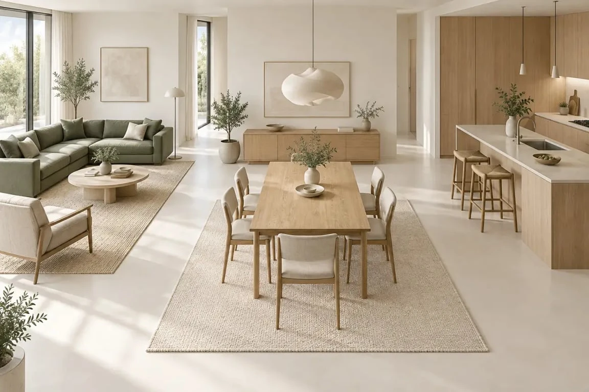 Décoration d’une salle à manger ouverte avec table, tapis et circulation fluide