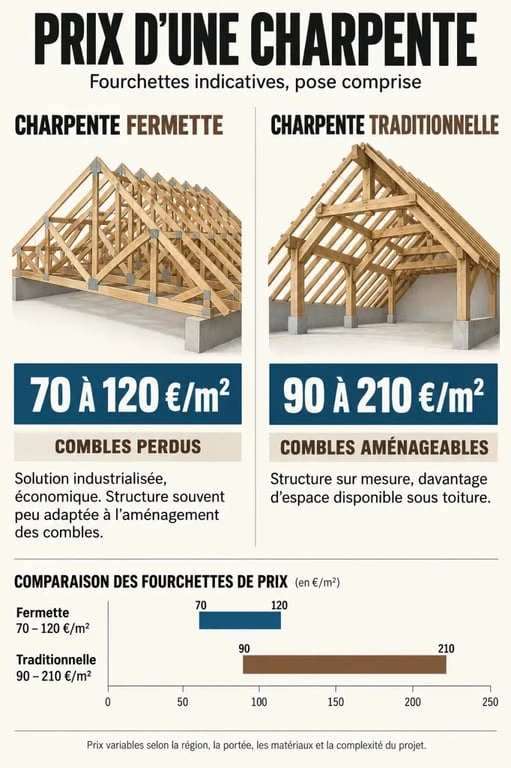 Infographie sur le prix charpente : comparaison entre fermette et charpente traditionnelle