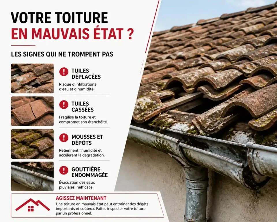 Toiture à refaire présentant des tuiles endommagées et des mousses