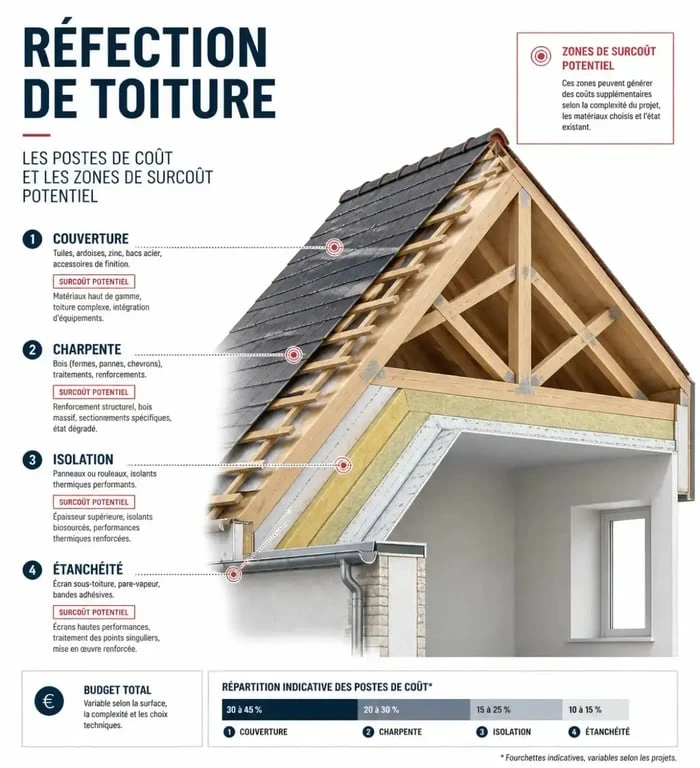 Schéma des postes de coût d'une toiture à refaire : couverture, charpente et isolation