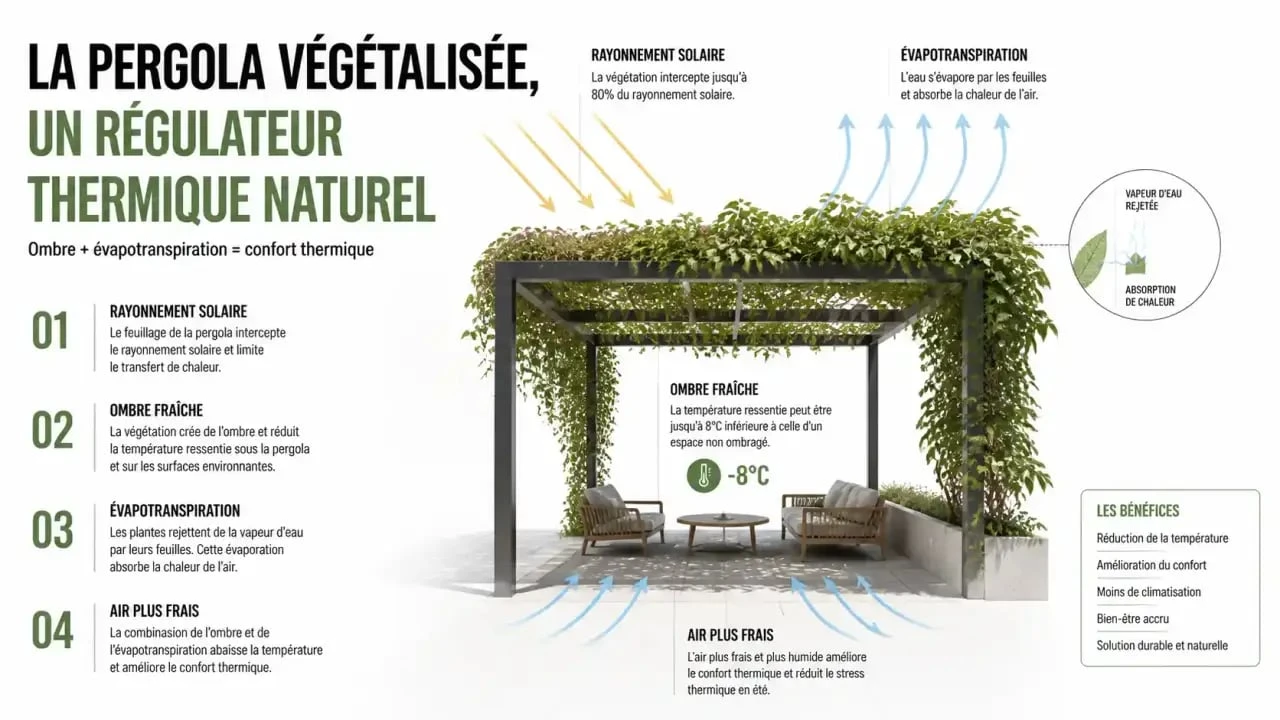Schéma explicatif de la régulation thermique par une pergola végétalisée