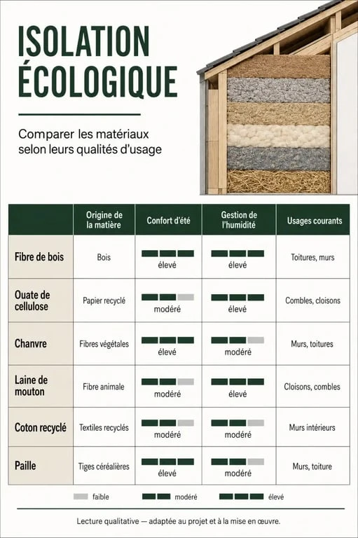 Infographie comparative sur les principaux matériaux d’isolation écologique