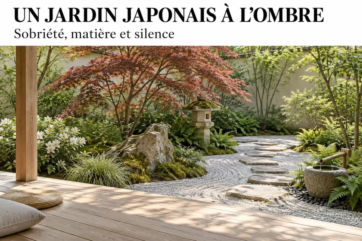 Idée de décoration pour jardin japonais ombragé avec lanterne, pas japonais et érable