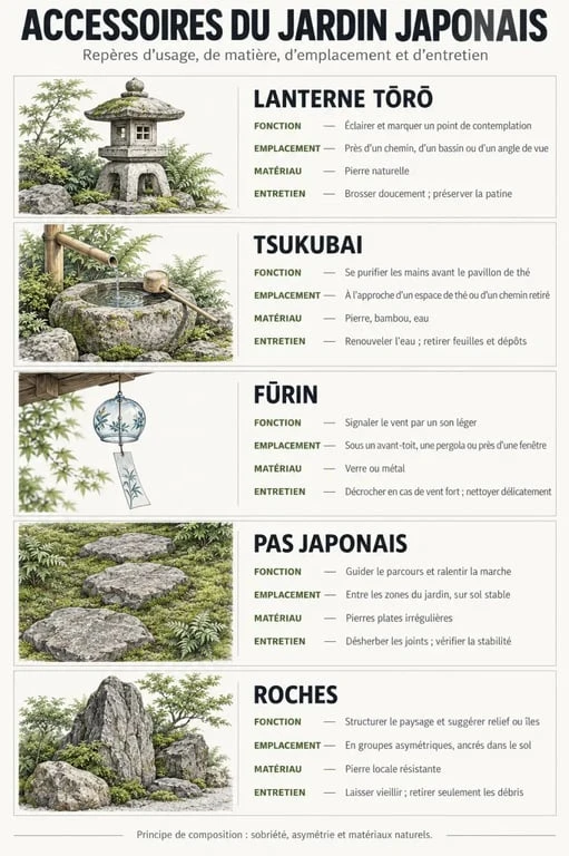 Infographie sur les accessoires de décoration pour jardin japonais et leur fonction