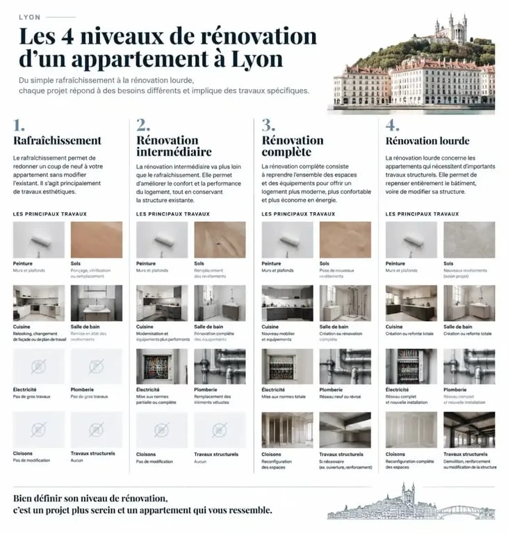 Infographie des niveaux de rénovation d’un appartement à Lyon