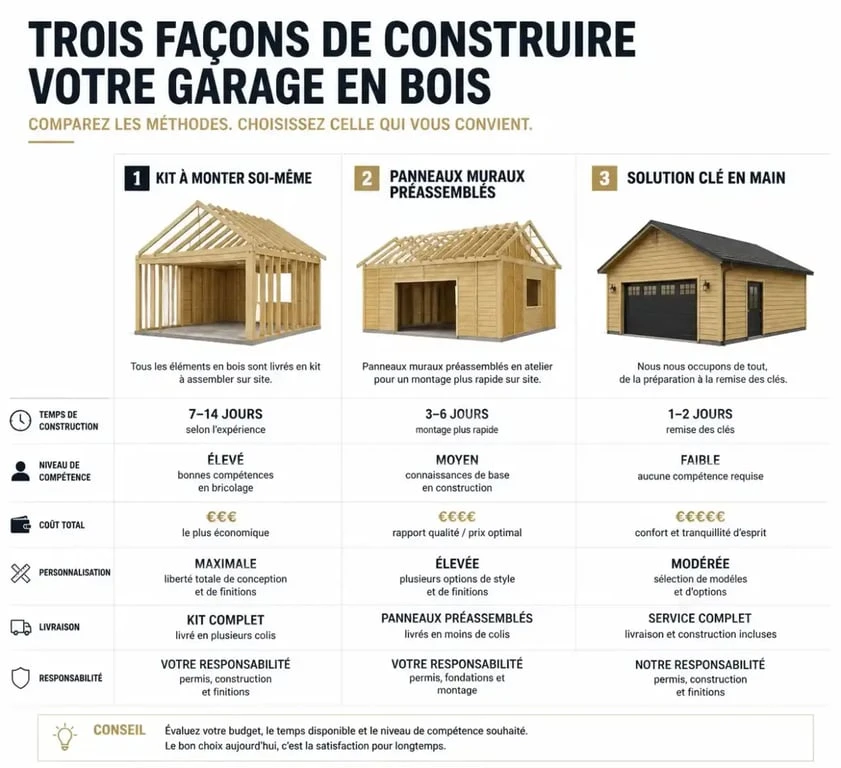 Comparatif des solutions de construction pour un garage en bois : kit, caissons ou clé en main